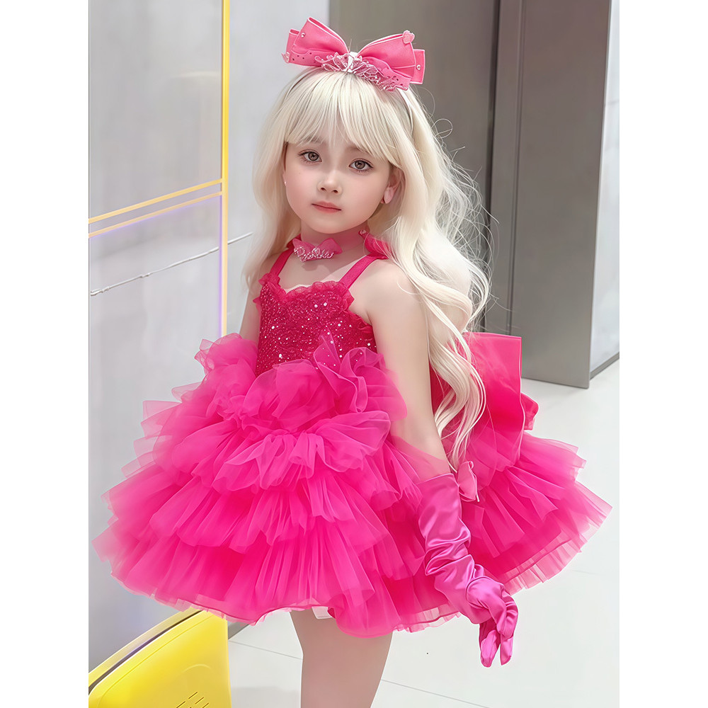 Váy công chúa Barbie bé gái 2025 Váy đỏ hoa hồng hoạt hình Váy Pettiskirt Lolita