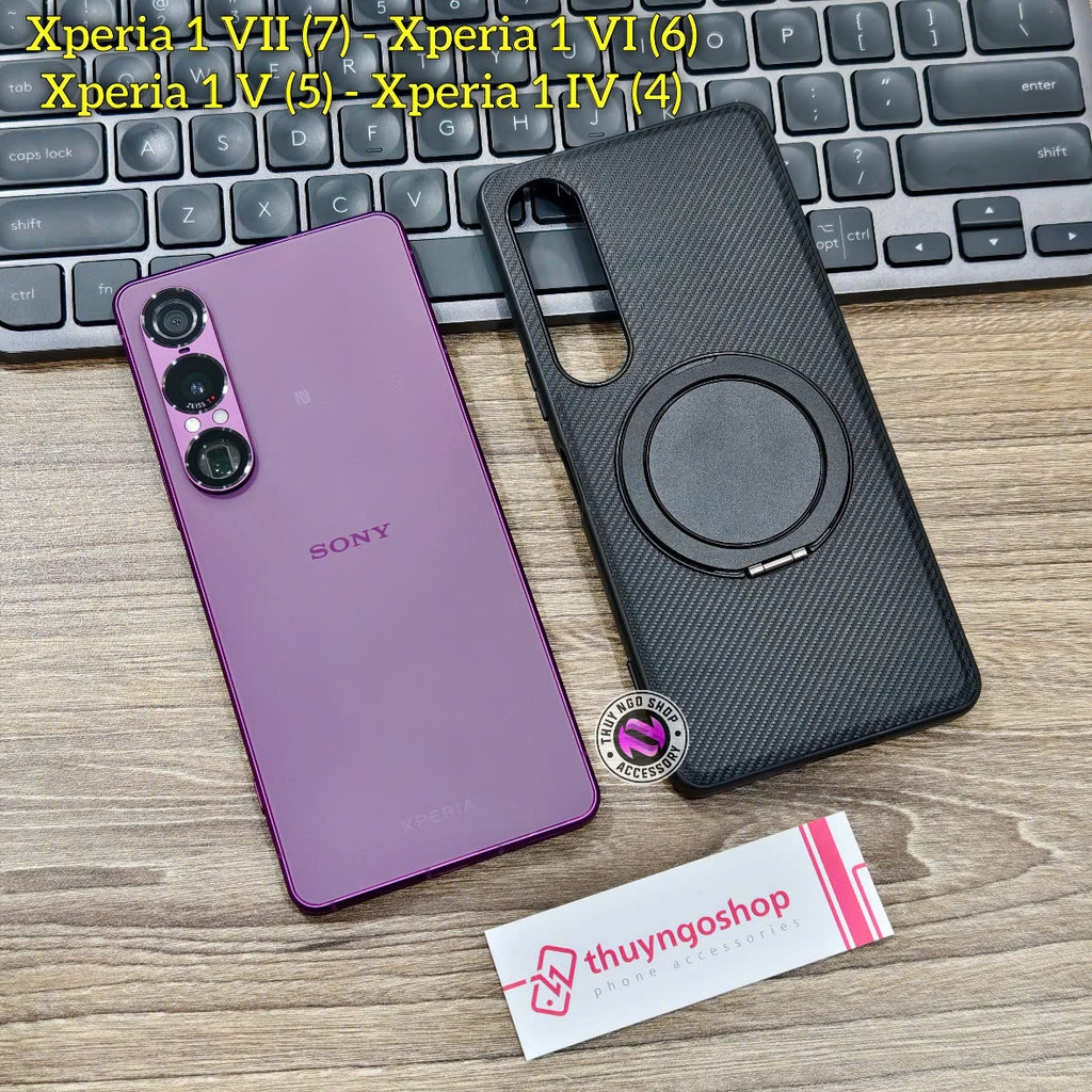 Ốp lưng vân carbon kèm chân đế xoay 360 độ Sony Xperia 1 VII (7) - Xperia 1 VI (6) - Xperia 1 V (5) 