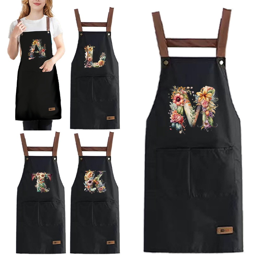 Professional Server's Cooking Apron Baju Pelindung - Polyester Front Pocket Apron with Floral Letter