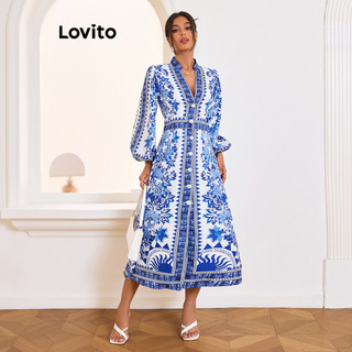 Đầm Lovito cài nút hoạ tiết hoa phong cách thường ngày cho nữ LBL14550