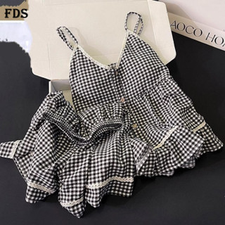 Bộ đồ ngủ kẻ caro ngọt ngào FDS cho phụ nữ, mùa hè mới, cổ V, dây đeo, viền ren cao cấp, quần short thoải mái, bộ đồ mặc ở nhà