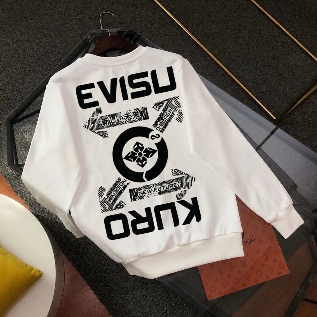 EVISU Áo Hoodie Mũi Tên In Chữ Cổ Tròn - Phù Hợp Nam Nữ Cho Thu Đông