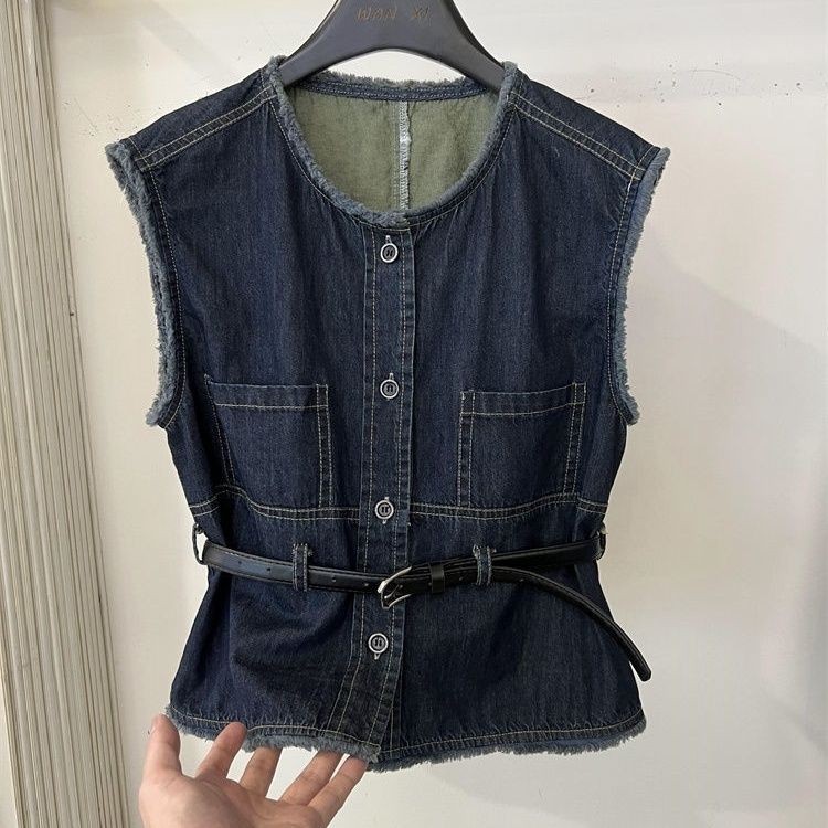 Áo Khoác Gilê Ba Lỗ Bò Không Tay Thắt Eo Viền Thô Cổ Điển Áo Khoác Cảm Giác Cao Cấp Thời Trang Mùa H