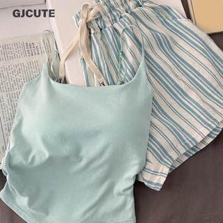 Bộ đồ ngủ GJCUTE Bộ đồ ngủ mùa hè dành cho nữ Áo hai dây và quần short nữ phong cách Hàn Quốc Bộ đồ mặc nhà có đệm ngực WTD