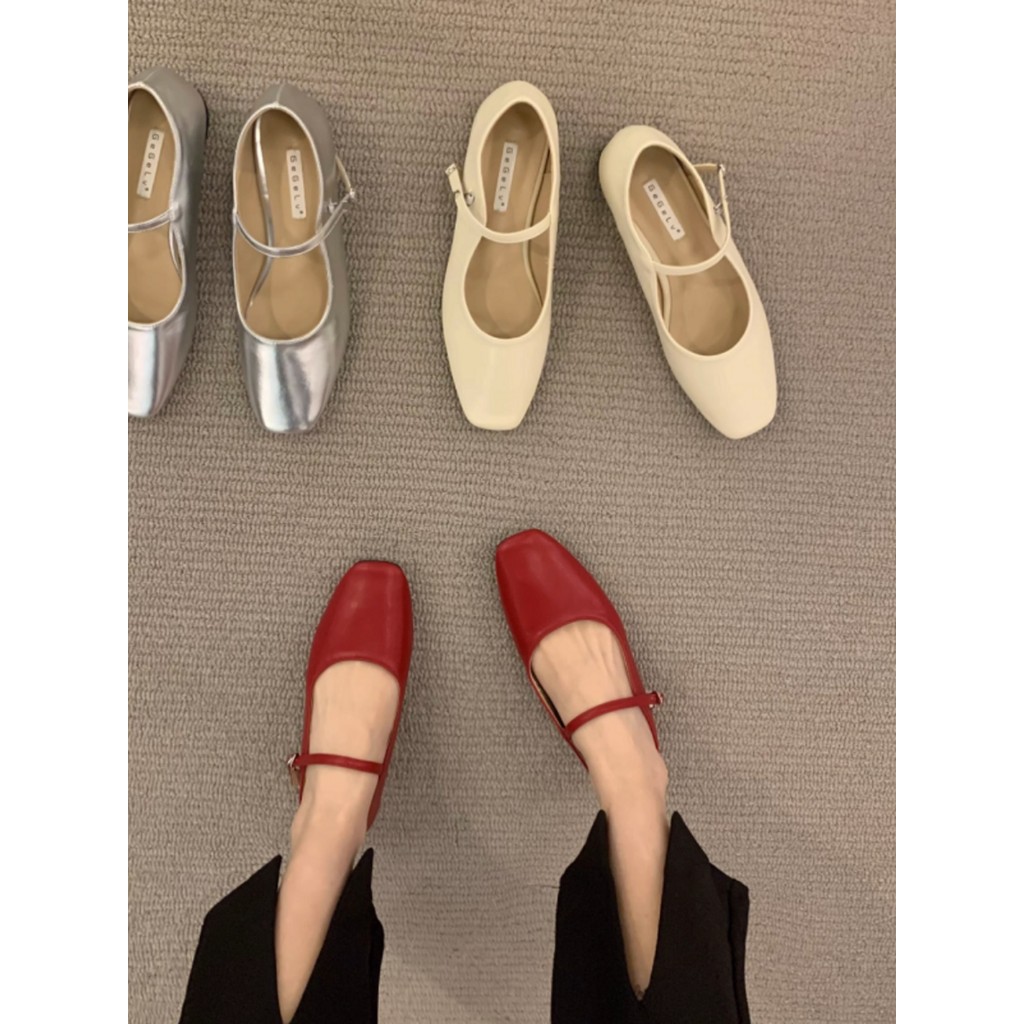 Giày nữ Mary Jane bạc mũi vuông gót thấp, size 32-44, mùa xuân, đế bằng, kiểu Pháp, JUNE4