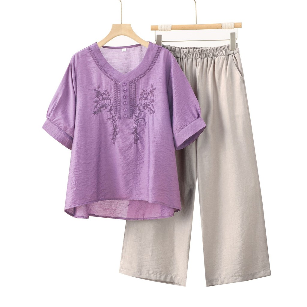 Tencel Linen Suit Nữ Thêu Áo Thun Tay Ngắn Nữ Mùa Hè Mẹ Trung Niên Mặc Quần Hai Mảnh Top20250611