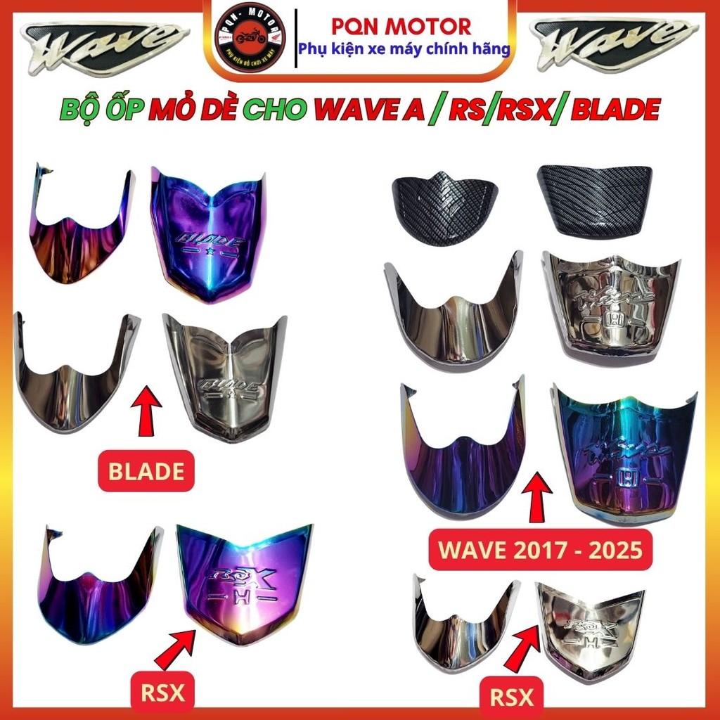 Bộ Ốp Mỏ Dè Trước + Dè Sau Inox Xi Titan Cho Wave A 110 2017–2025, Wave 50cc, 100cc, RS, RSX, Blade