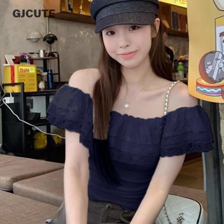 GJCUTE Mùa Hè Pháp Ren Xù Vai Ngắn Tay Mỏng Áo Thun Nữ Crop Top WTD