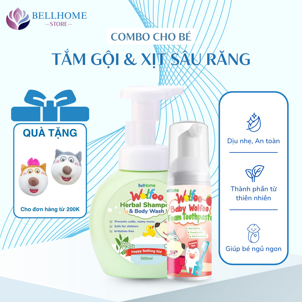 Combo Bọt đánh răng cho bé Wolfoo Baby - Bọt tắm gội thảo dược Wolfoo Baby An toàn Làm sạch dịu nhẹ