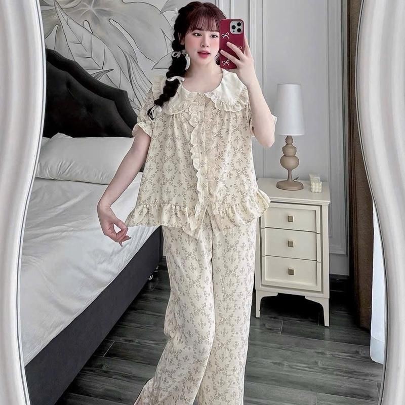 Bộ mặc Nhà Cổ Sen trắng phối ren Đùi hoạ tiết hoa dây chất Vân mây xinh xắn cho Nữ CC80 Sammy | BigBuy360 - bigbuy360.vn