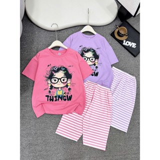 (20-45kg) Bộ quần áo cotton 4c quần lửng kẻ dễ thương cho bé gái size nhỡ đại