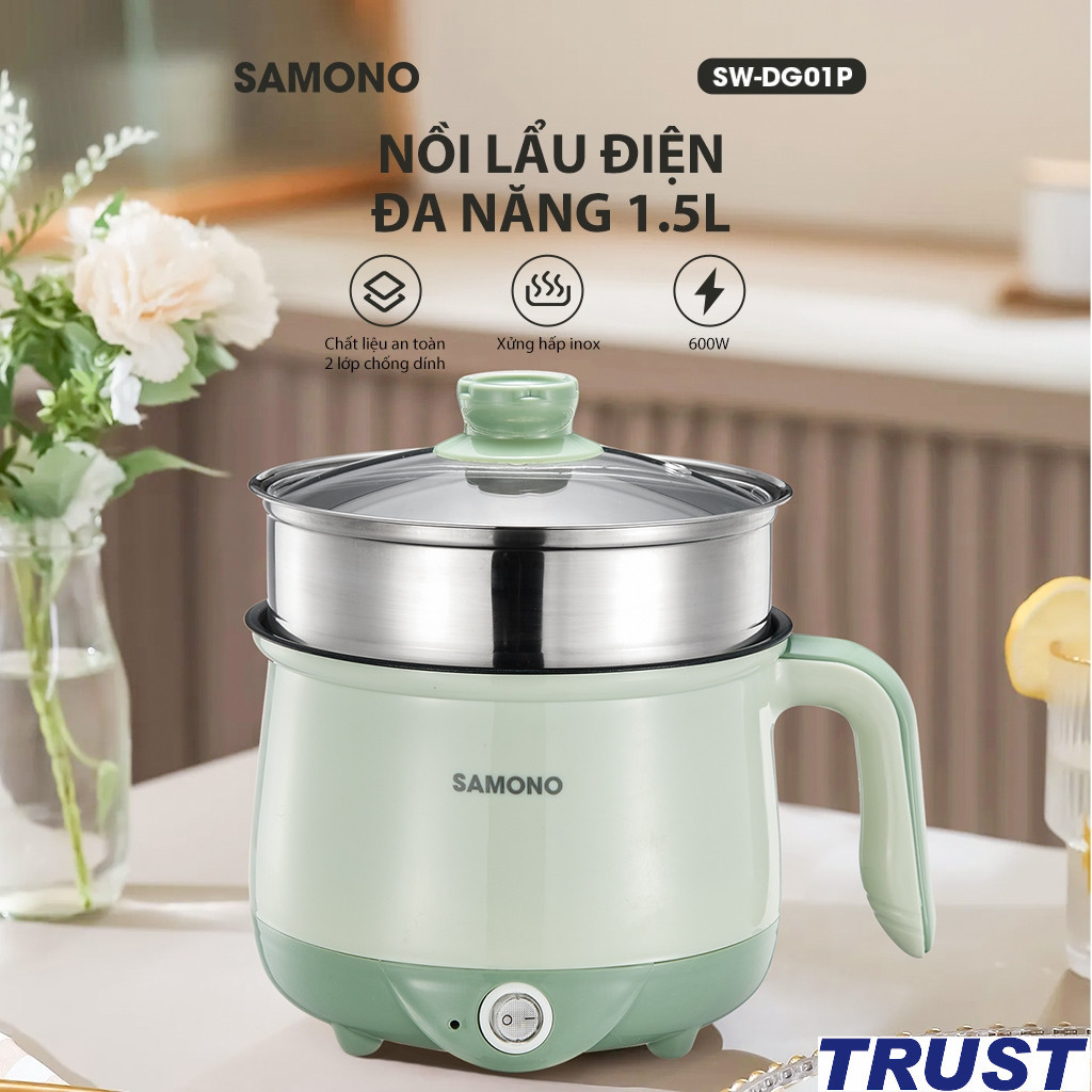 Nồi điện đa năng dung tích 1.5L Samono SW-DG01P phủ 2 lớp chống dính, 600W, kèm xửng hấp inox - chín