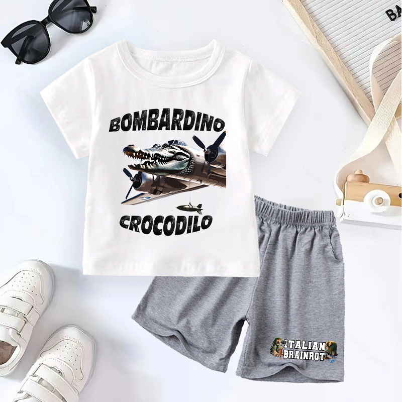 Ý Brainrot Áo Thun Bộ Quần Short Cho Trẻ Em Tungtung Saur Brainrot Quần Áo Trẻ Em Mùa Hè Tee Quần Bé