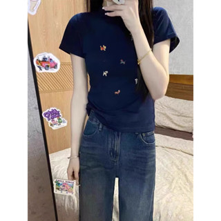 【100% cotton  Áo baby tee Áo Thun ôm body Áo y2k sát in hoa thời trang màu xanh nước ta