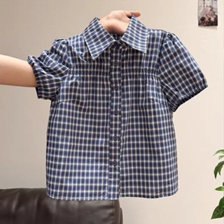 Áo sơ mi ngắn tay kẻ caro xanh retro phong cách Hàn Quốc cho phụ nữ, tay phồng mùa hè, cổ bẻ thời trang cao cấp