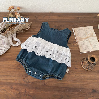 Quần áo sơ sinh Denim không tay ren ngọt ngào Áo liền quần bé gái