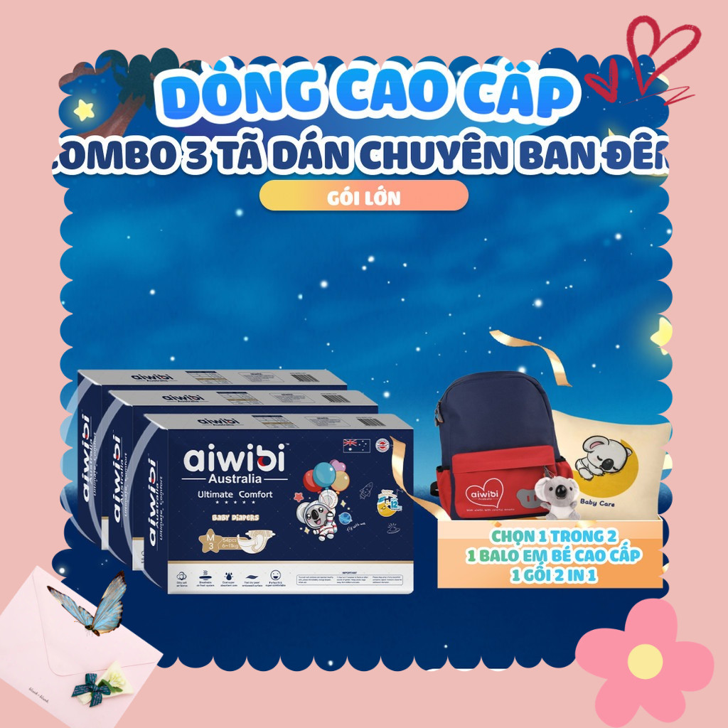 [Combo 3] Tã/Bỉm Dán Cao Cấp Aiwibi Chuyên Ban Đêm Ultimate Comfort -