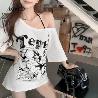 (Phong cách thường ngày) Lovito Chữ Giả 2 Trong 1 Họa Tiết Vai Lạnh Xếp Ly Mùa Xuân / Mùa Hè Áo Thun Trắng Cho Nữ L136AD148