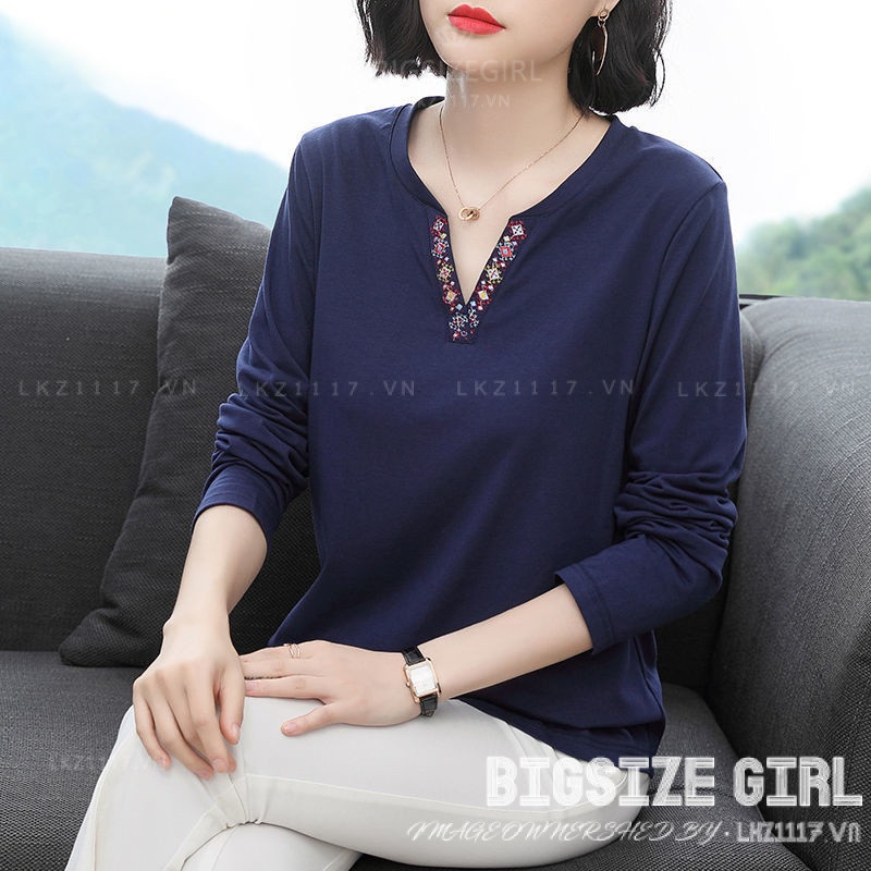 Áo kiểu trung niên nữ Bigsize Áo thun nữ trung niên cho mẹ form rộng tay dài cổ chữ v mùa thu Phong 