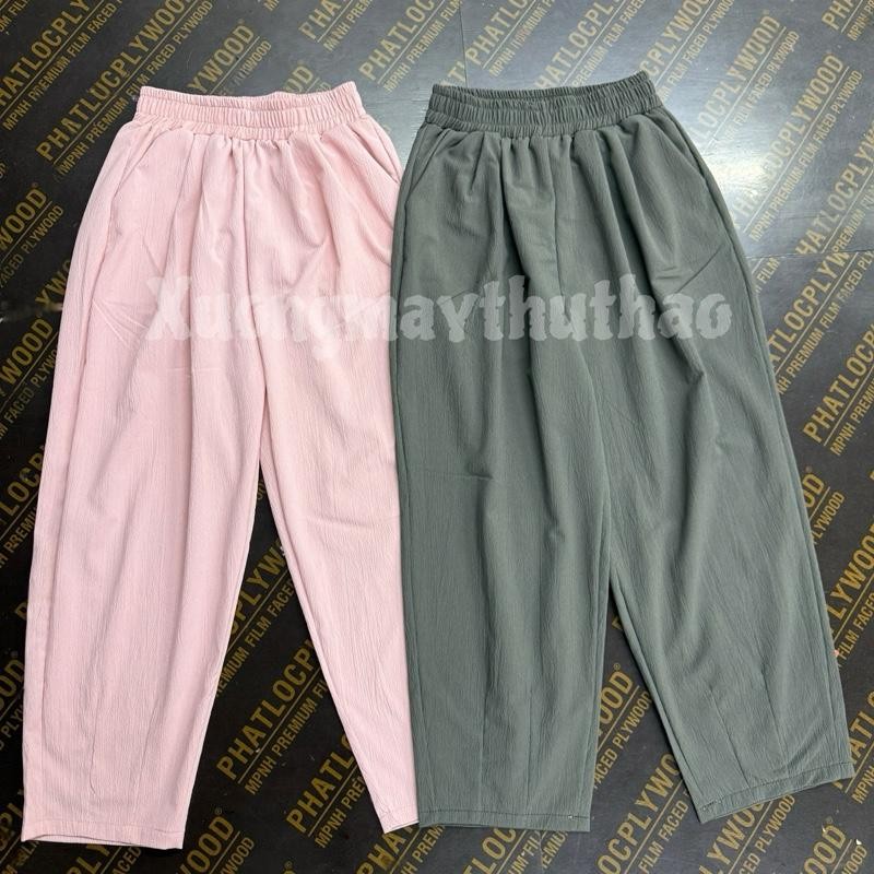 Q368 Quần Baggy Dáng Lửng Đũi Vân Mây Mềm Mát Cạp Chun Lưng Cao