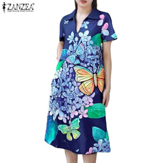 Váy ngắn tay cổ chữ V in họa tiết cổ điển dành cho nữ ZANZEA