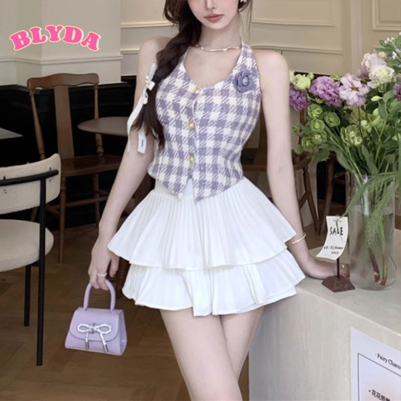 BLYDA Phiên bản Mùa hè hàn Quốc Hot Girl sleeveless V-neck Checkered Halter Top, Slim Design, Women'