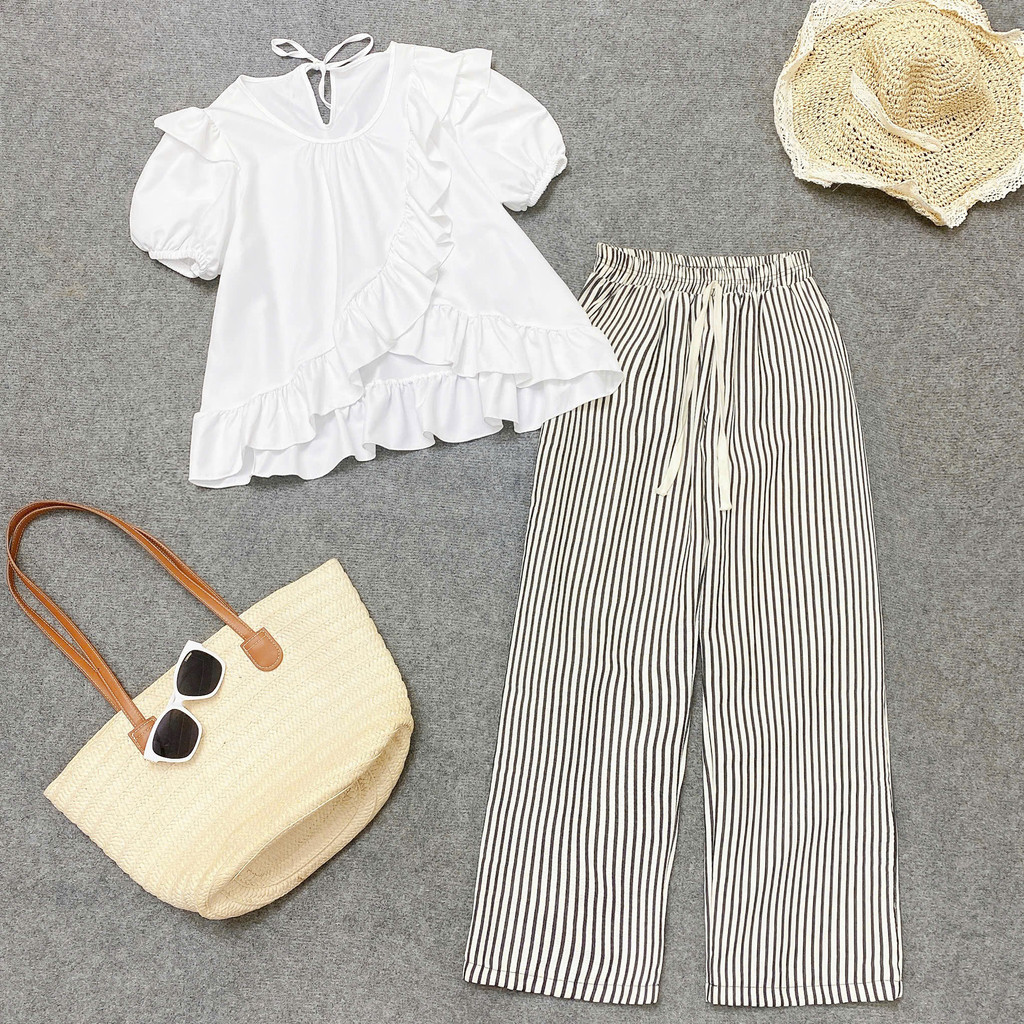 Set Váy Quần Bigsize Áo Babydoll Bigsize Nữ Kèm Quần Kẻ Sọc Lưng Chun SM277/Q534