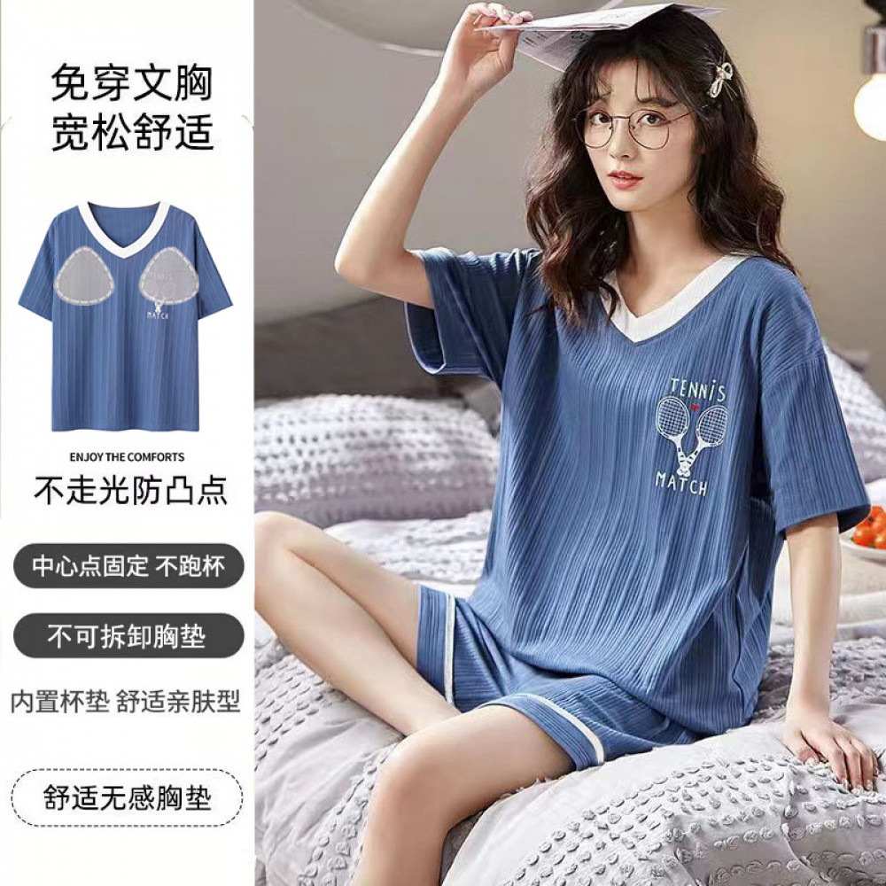 Bộ đồ ngủ nữ baju tidur Piyama perempuan Bộ đồ ngủ mùa hè bằng vải Cotton có ngực Áo ngực tích hợp c