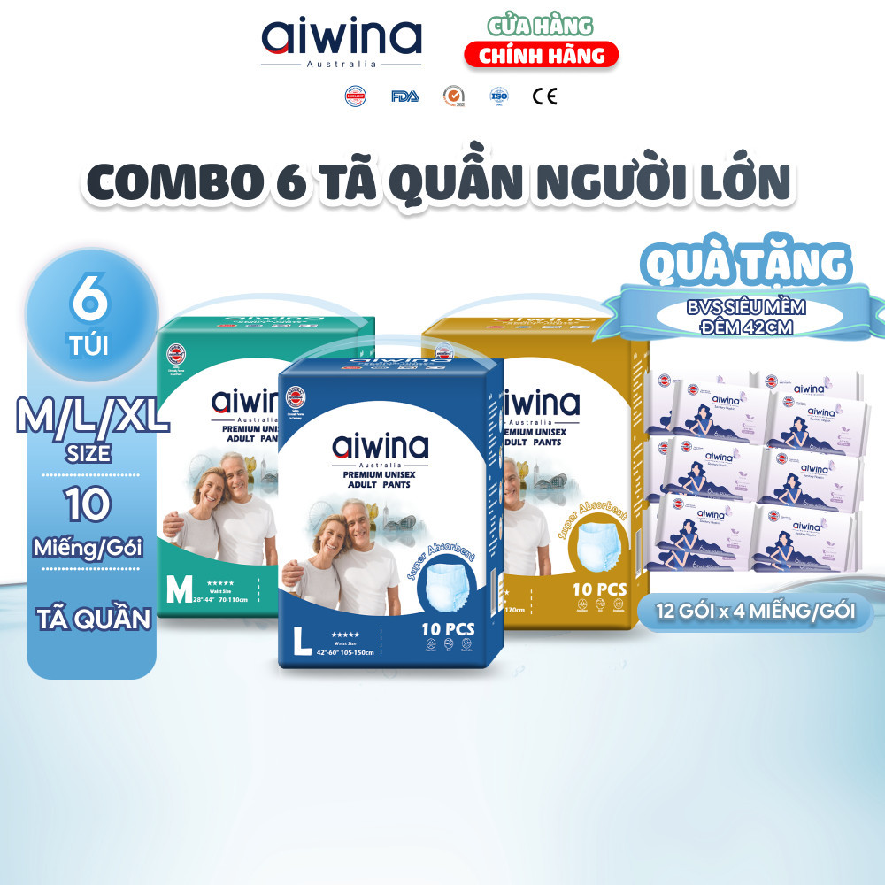 Combo 6 Tã quần người lớn Aiwina siêu thấm hút 6 túi x 10 miếng