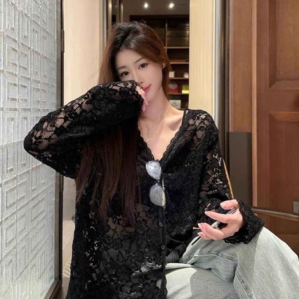 Meet-Adm Áo Sơ Mi Dài Tay Ren Dài Tay Ngọt Ngào Cay Rỗng Áo Cổ Chữ V Gợi Cảm Thời Trang Mới Mùa Hè | BigBuy360 - bigbuy360.vn
