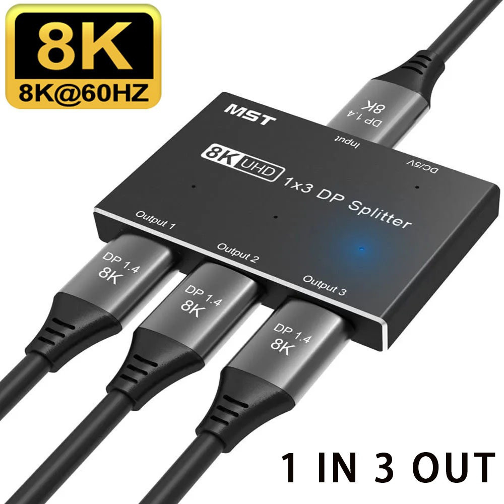 1 trong 3 Out DP 8K Splitter Displayport 1.4 MST SST Ba màn hình Mở rộng 1X3 Cổng hiển thị Bộ chuyển