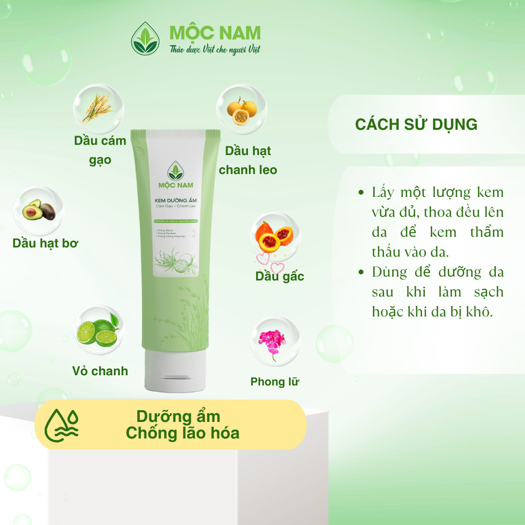 Kem dưỡng ẩm face và tay tinh chất Cám gạo - Chanh leo Mộc Nam Chống lão hoá, cấp ẩm - 50g - KTshop
