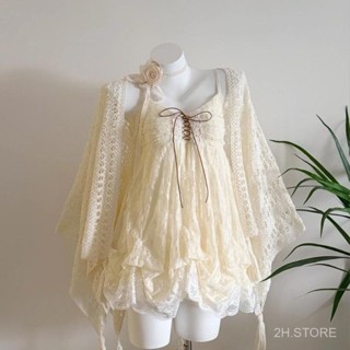 [Order] Set Đầm Hoa Bánh Bèo Vintage Phối Ren Tôn Dáng, Kèm Áo Choàng Mỏng Gợi Cảm Phù Hợp Đi Biển
