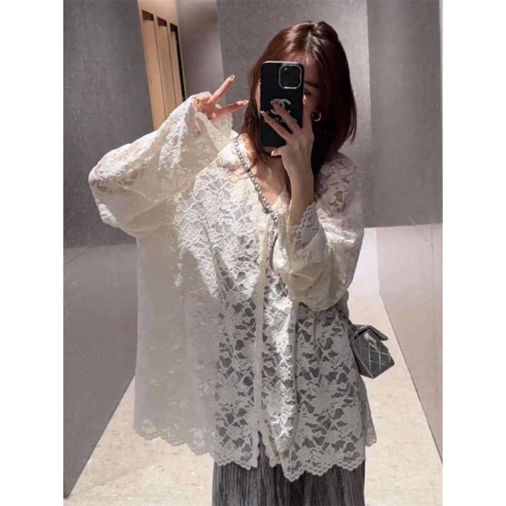 Meet-Adm Áo Sơ Mi Dài Tay Ren Dài Tay Ngọt Ngào Cay Rỗng Áo Cổ Chữ V Gợi Cảm Thời Trang Mới Mùa Hè | BigBuy360 - bigbuy360.vn
