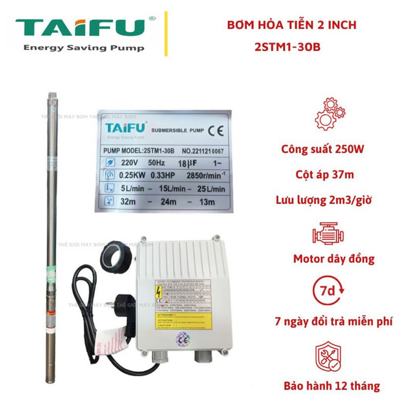 Máy bơm hỏa tiễn 250W (0.33HP) (2" Ø48 thả ống 60) thân inox 304 có hộp tụ đi kèm TAIFU 2STM1-30B