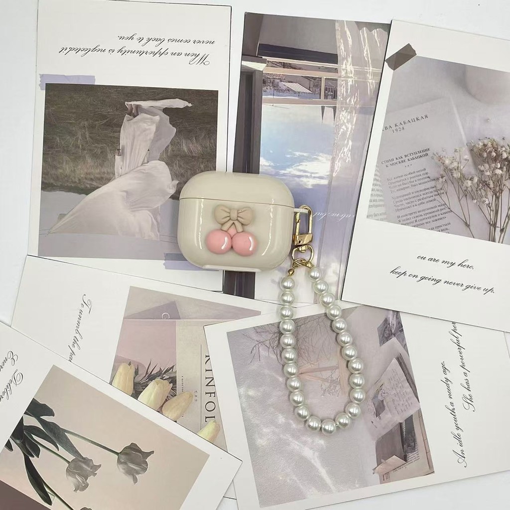 Dành Cho GOOJODOQ J201 J206 Case ốp tai ng Vỏ Tai Nghe Cá Tính Kem Trắng Anh Đào & Dây Buộc Hộp đựng