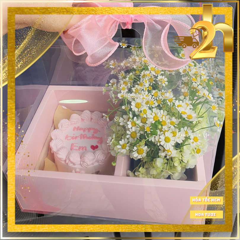 Set giỏ quà tặng Bánh Kem Sinh Nhật Và Hoa Tươi hỏa tốc HCM Flowers To Go
