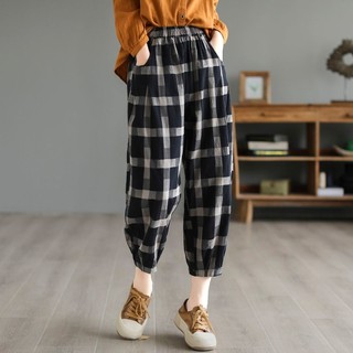 Retro Cotton Kẻ Sọc Hoa 2025 Phong Cách Mới Rời Ôm Hơn Nhìn Kích Thước Lớn Đến Mắt Cá Chân Quần Dài