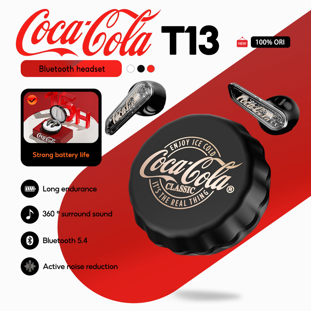 Tai nghe Bluetooth không dây thực sự Coca-Cola T13 Thiết kế bán trong tai | Trình điều khiển động 13mm | Bluetooth khử tiếng ồn ENC 5.4 | Tuổi thọ pin dài 15H | Điều khiển cảm ứng | Type-C Nhanh