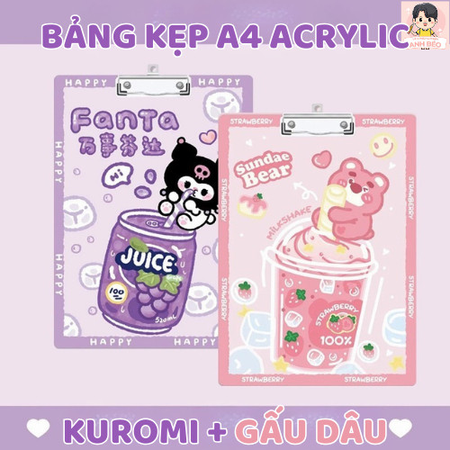 Bìa Kẹp Tài Liệu Trong Suốt A4 Với Bảng Kẹp - Bảng Kẹp Tài Liệu Acrylic Họa Tiết Kuromi Dễ Thương