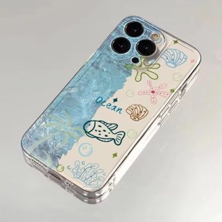 Ốp điện thoại in hình cá vỏ đại dương màu xanh hoạt hình cho Redmi 13 14C 12 13C Note 14 13 12 11 Pro Plus Turbo 12S 11 10S 9S Pro Động vật dưới nước dễ thương Vỏ mềm chống sốc trong suốt