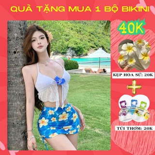 Bikini 2 mảnh sắc màu trend set đồ bơi 3 chi tiết cho nữ áo quần tam giác kèm chân váy màu xanh hoa nổi bật 9815 A3