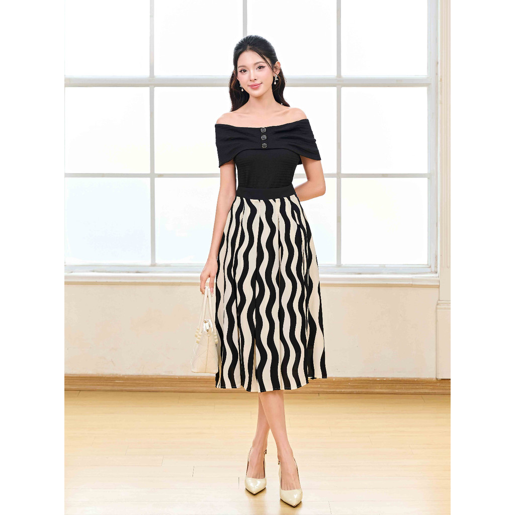 Juyp thiết kế cạp bản to họa tiết kẻ đen trắng chất lụa YOONA - EH8X243