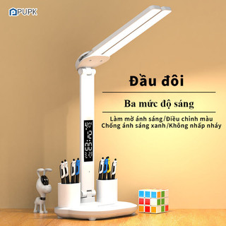Đèn bàn PUPK Đèn học để bàn thông minh 2 bóng đồng hồ hiển thị thông tin trên thân đèn decor phòng