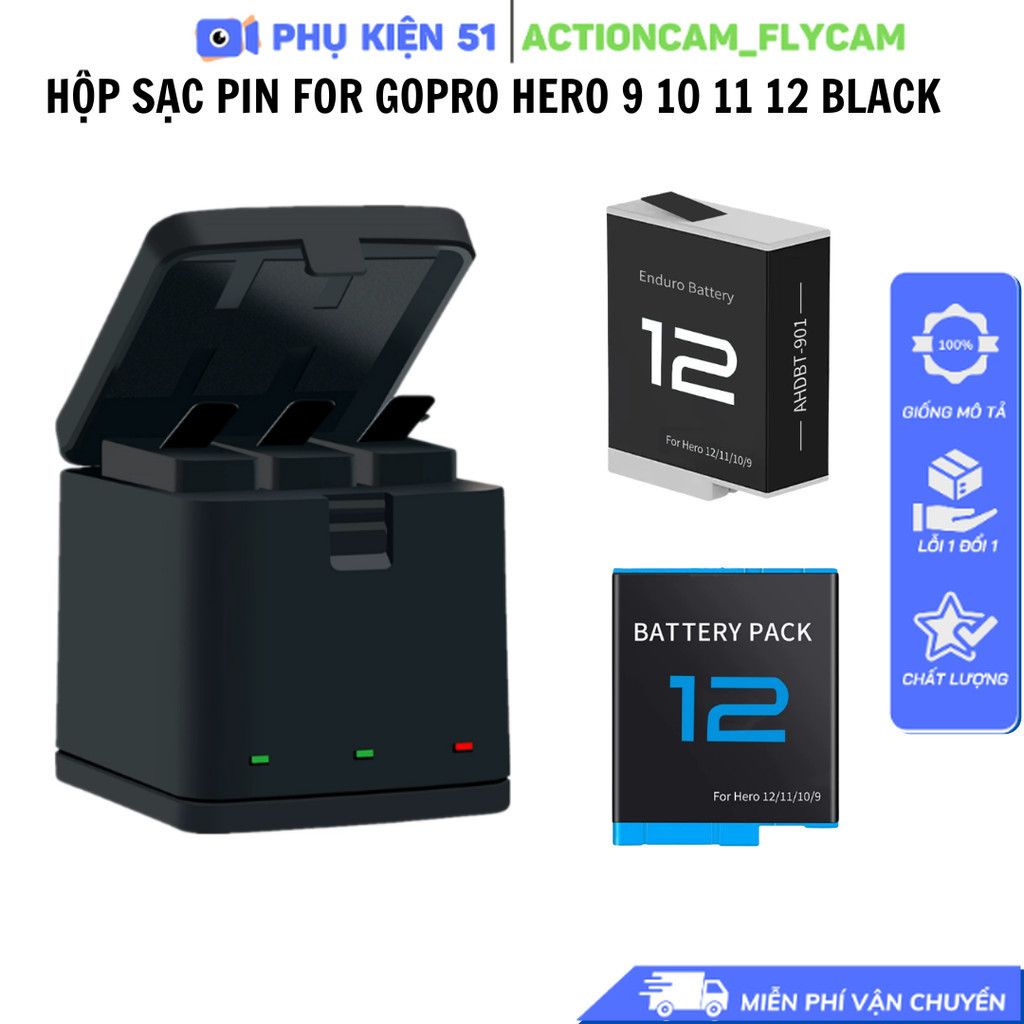 Hộp sạc Pin For Gopro 12 11 10 9 Black kéo dài thời lượng quay