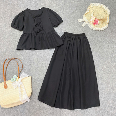 Set Áo Váy Bigsize Nữ Áo Baby Doll Tay Phồng Vạt Xòe Kèm Chân Váy Dài Midi Dễ Thương A191+CV15