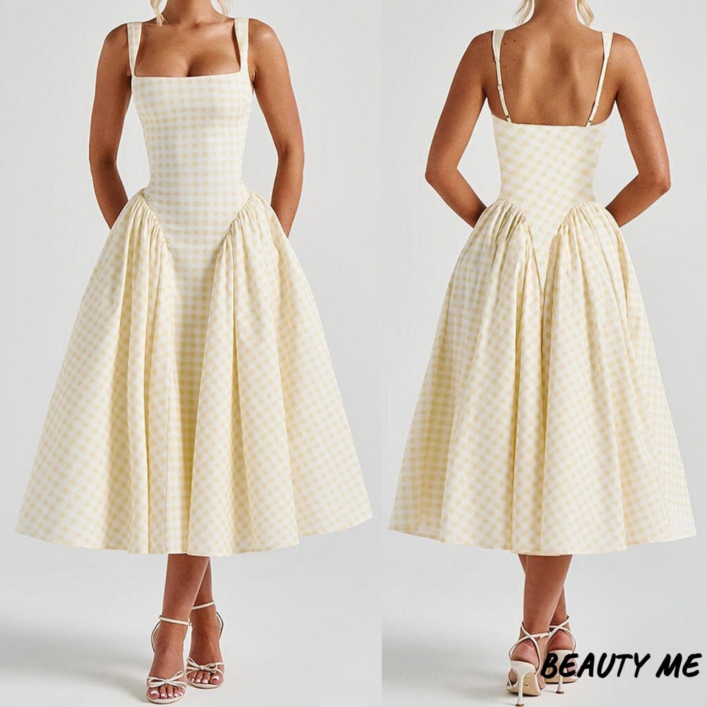 Váy chữ A in kẻ sọc không tay mùa hè dành cho nữ - Thiết kế corset hở lưng phù hợp cho cocktail và d