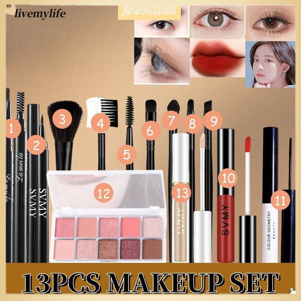 ✨ Bộ trang điểm 13 món Lameila Phấn mắt 10 màu + Kem che khuyết điểm Svmy + Son môi Svmy Charming Li