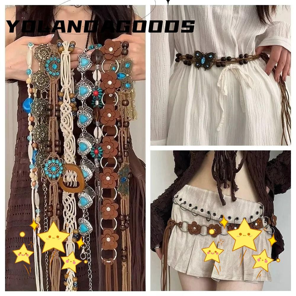 Dây Thắt Lưng YOLA, Thắt Lưng Bohemian Cổ Điển Y2K, Trang Trí Đầm Hợp Thời Trang Bướm Tua Rua Hoa Bo