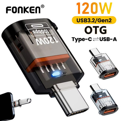 Fonken 120W USB3.2 Gen2 Bộ chuyển đổi OTG Type C Nam sang USB A Nữ Đồng bộ dữ liệu sạc nhanh cho iPh16 15 Máy tính xách tay Samsung